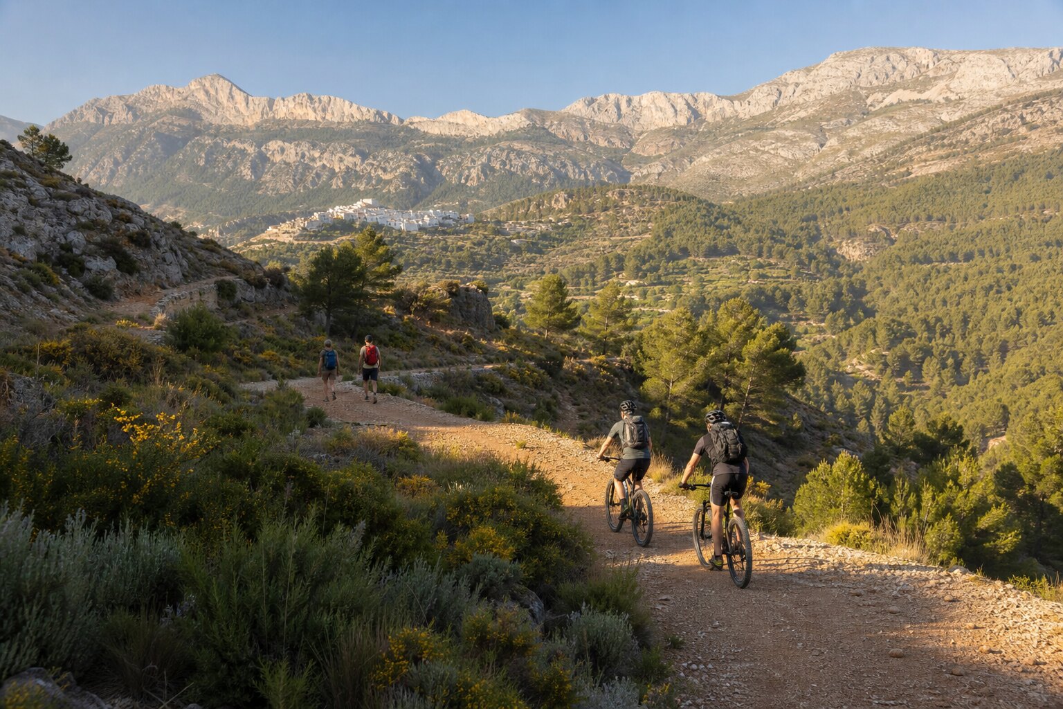 Hikers and cyclists exploring a mountain trail above a Spanish village